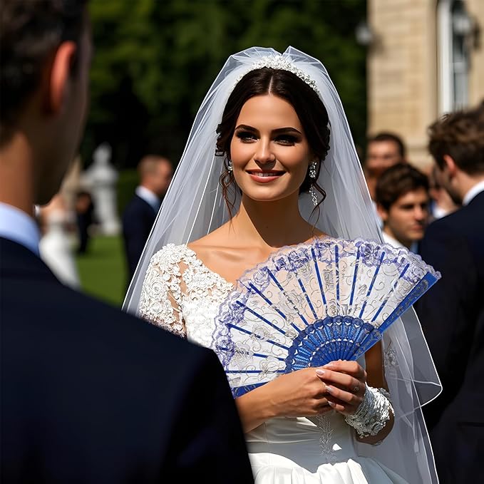 QIRMIZI 10 Pcs Rose Lace Folding Fans,Silk Folding Hand Fans, Perfect for Weddings, Parties, and Dancing,Royal Blue