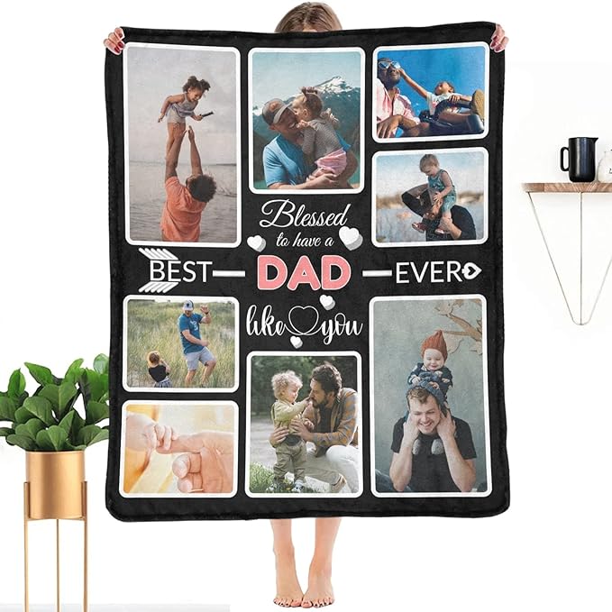 Custom Blanket Gifts for DAD, Customized Blankets with Photos, Make a Personalized Bed Throws to My DAD for Fathers Day, Custom Souvenir Throw Blanket for Best DAD Ever, 8 Collages Made In USA