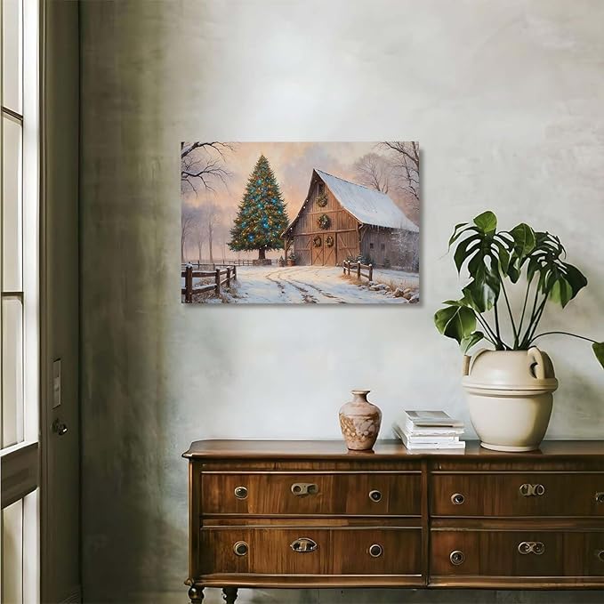Vintage Sunset Winter Barn Print Country Farm Nature Scenery Decorative Painting Suitable for Home Decor Bathroom Bedroom Living Room Decor20x30in(50x75cm)- Unframed