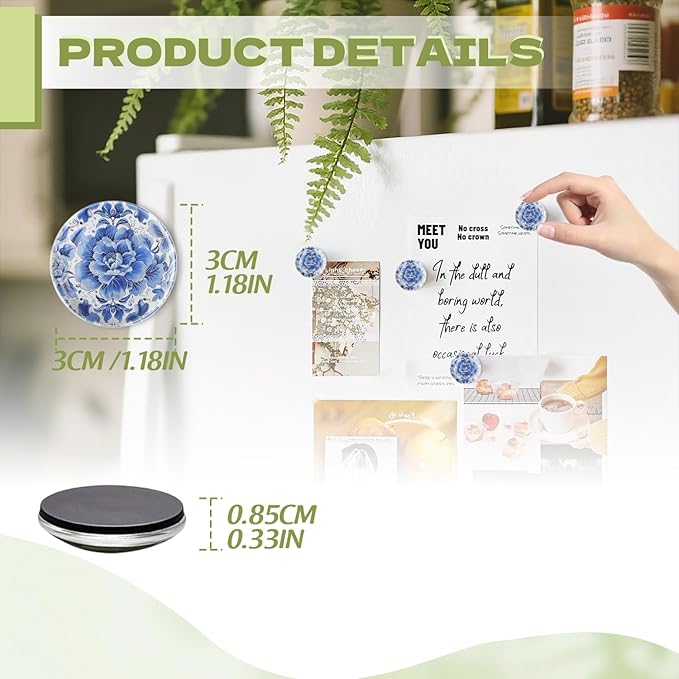Fridge Magnets 6 Pcs Blue and White Flower Tapestry with Delicate Details Round Strong Magnetic Glass Small Refrigerator Magnet,Home Decoration for Office Whiteboard,Classroom,Cabinet and Dishwasher