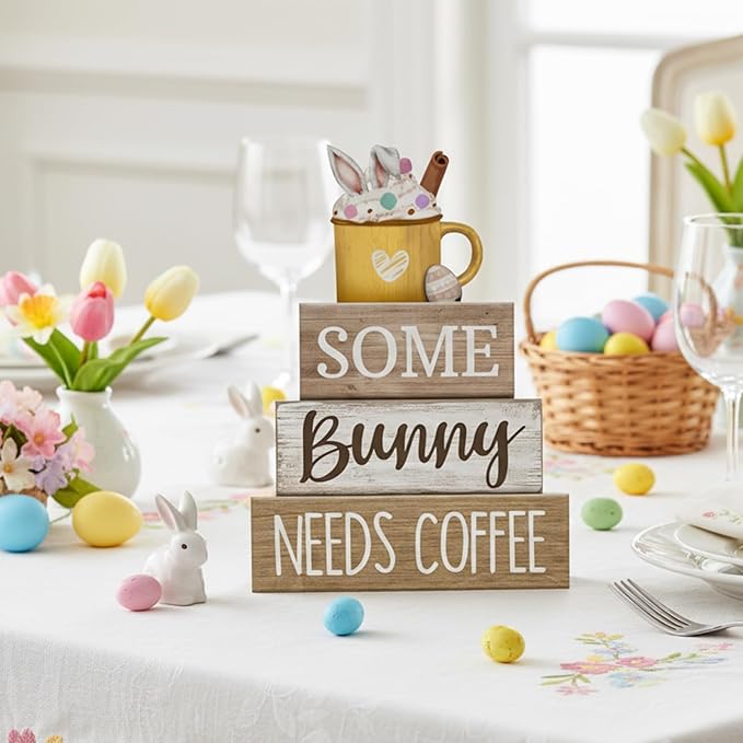 4 Pcs Easter Table Decorations Wooden Coffee Bunny Tiered Tray Decor Happy Easter Centerpiece for Tables Decorative Rabbit Block Signs Gifts Farmhouse Rabbit Decor for Home Kitchen Shelf