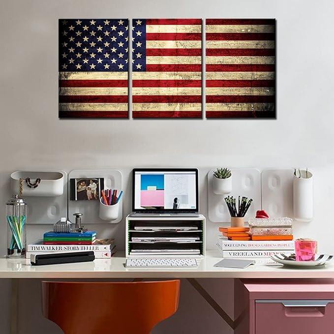 American Flag Retro Paintings Red Blue Stripes Pictures for Living Room Patriotic Artwork 3 Panel Prints Wall Art on Canvas Modern Home Decorations Framed Gallery-Wrapped Ready to Hang(42''Wx20''H)