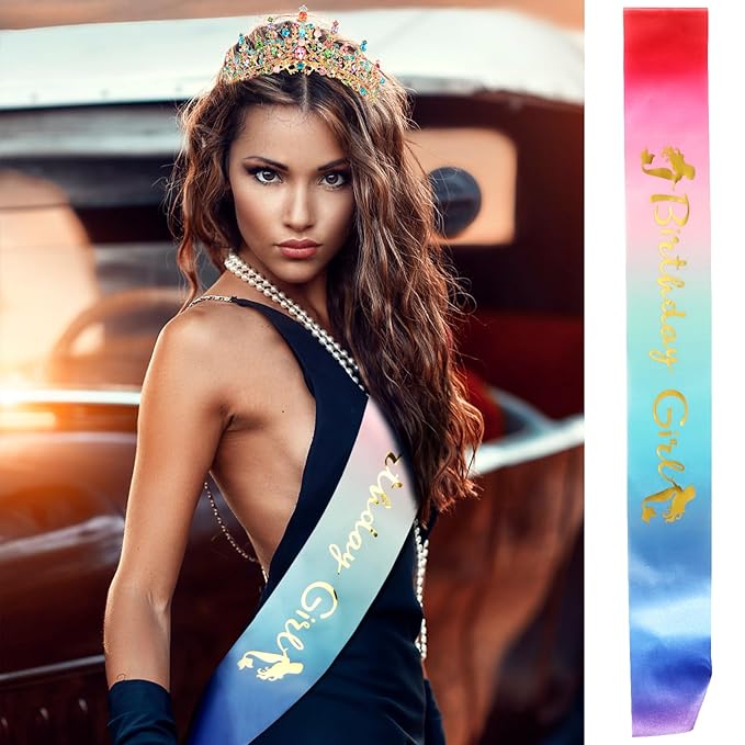 Velscrun Rainbow Color Crystal Birthday Tiara Crowns for Women Girls Elegant Princess Crown with Combs Birthday Girl Headband Sash Happy Birth Party Decorations Birth Gift Hair Accessories