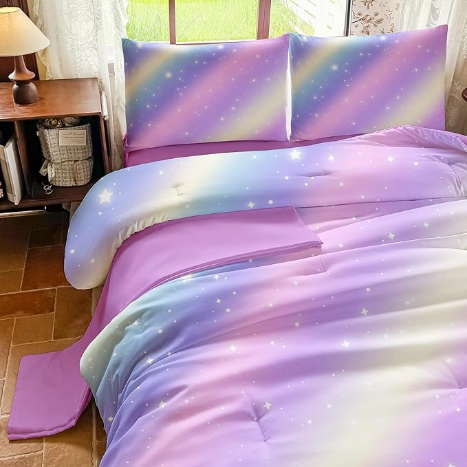 Girls Full Size Bedding Sets Rainbow Bedding – 5 Piece Comforter Set Full, Gradient and Colorful Galaxy Comforter for All-Season – Machine Washable, Durable – Gift Idea for Boys and Girls Room