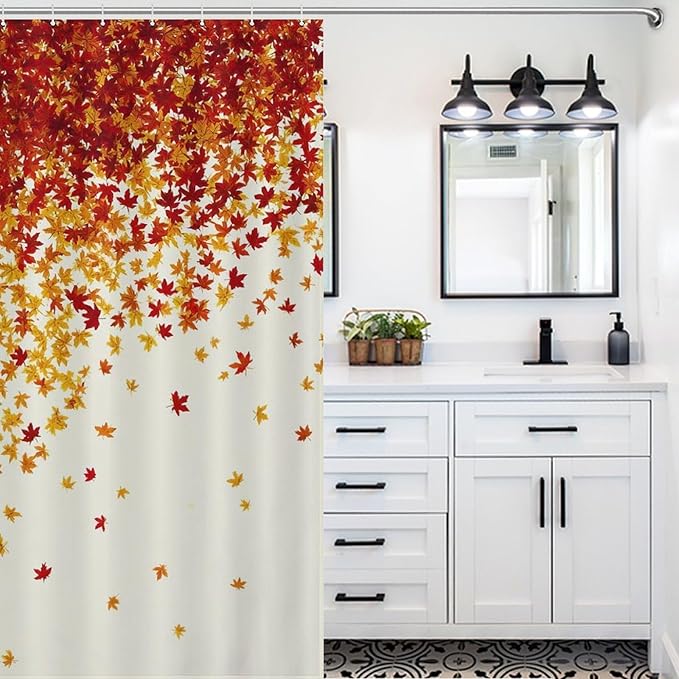 Fall Autumn Shower Curtain Maple Leaves Orange Red Leaf Harvest Waterproof Washable Fabric Bathroom Shower Curtains for Bathroom Decorations Home Indoor Decor 64x72Inch