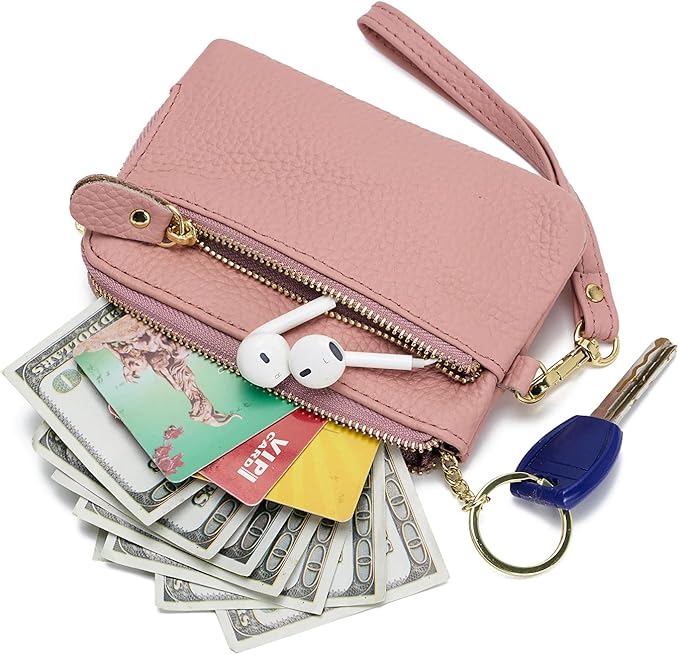Genuine Leather Coin Purse for Women with Large Opening & Wrist Strap Navy (Pink)
