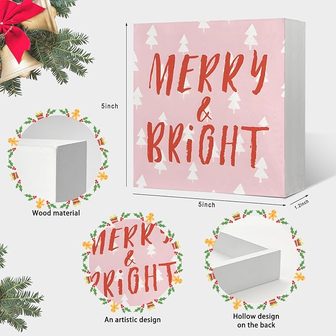 Mtrgdn Pink Christmas Decor Wooden Box Sign, Merry and Bright Wooden Box Signs,Xmas Holiday Gifts,Christmas Table Decorations for Home Bedroom Bathroom Kitchen Desk Decor 5x5