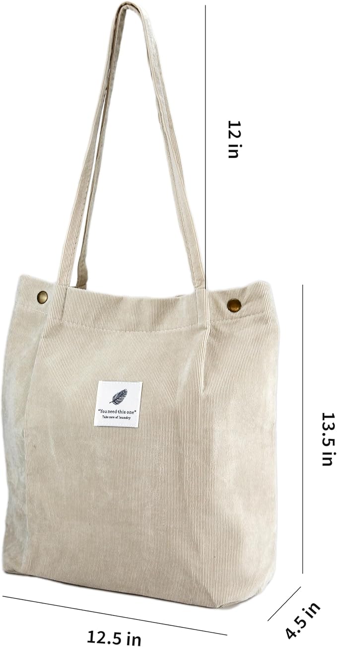 Corduroy Tote Bag Cute Tote Bags for Women Shoulder Bag with Inner Pocket for Work Beach Travel and Shopping Grocery