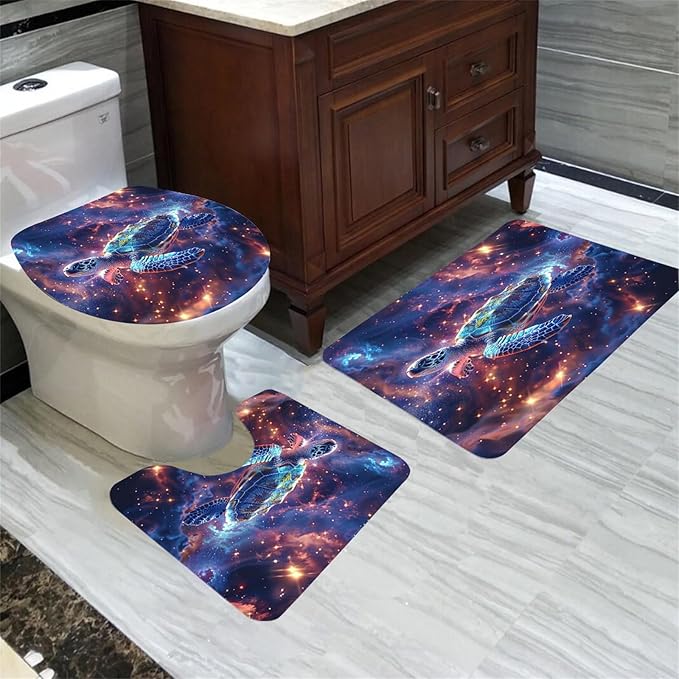 Sea Turtle Shower Curtain - 4 Pcs Kids Shower Curtain Set Turtle Bathroom Accessories with Rug,Toilet Cover and Bath Mat with 12 Hooks