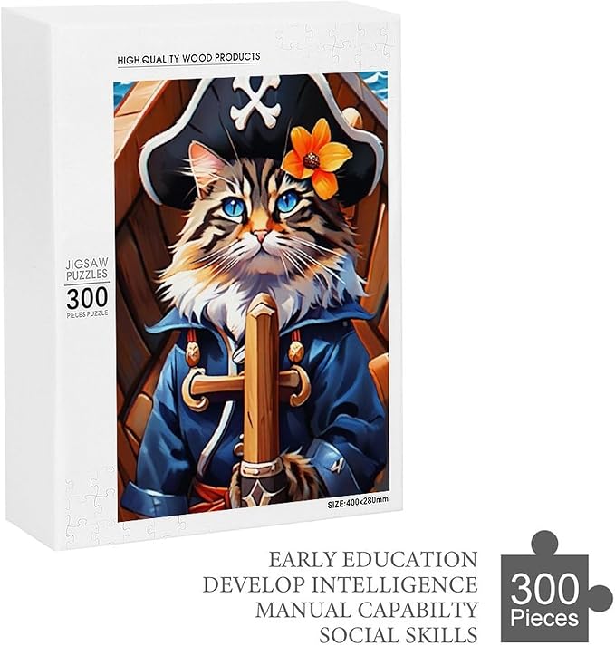 Wooden Puzzle - Classic Pirate Cat Leader Jigsaw Puzzles，Wooden Puzzles for Adults 300 Pieces Challenge Puzzles，Educational Games，Family Puzzles，Unique Gifts for Wall Art