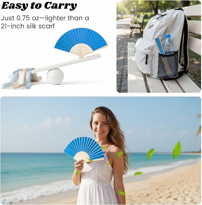 JOHOUSE 12Pcs Blue Paper Folding Hand Fans, 8.3 Inch Handheld Portable Decorative Fans for Wedding, Outdoor Party Favors, Baby Shower Decorations DIY Crafts Photography Prop