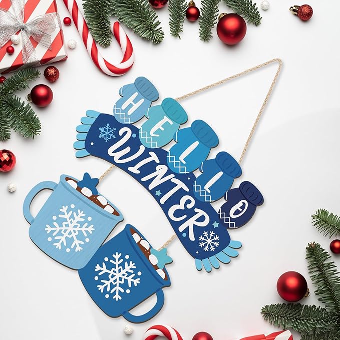 CHDITB Hello Winter Wooden Sign, Hot Cocoa Wooden Hanging Plaque, Christmas Front Door Hanger, Seasonal Snowflake Wall Art Sign Hanger for Xmas Holiday Decoration
