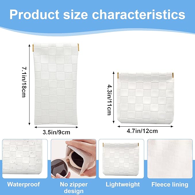 2PCS Small Makeup Bag for Purse, Mini Leather Pocket Cosmetic Bag for Women, Waterproof Portable Makeup Pouch No Zipper Coin Purse Lipstick Bag Accessories, Checkered Travel Storage Bag (White)