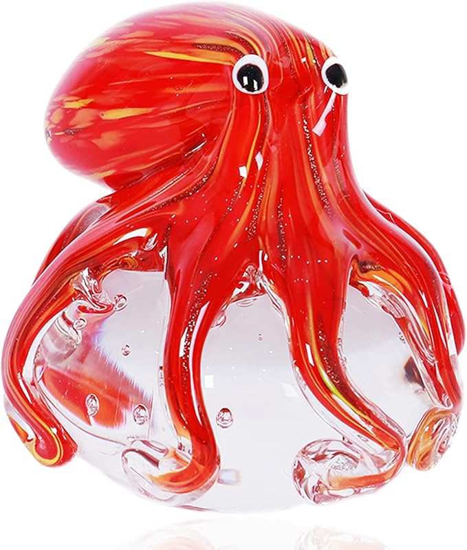 EUSTUMA Hand Blown Glass Octopus Figurine Ornament,Sea Animal Ornament for Fish Tank Aquarium,Sea Animals Collection for Birthday Gift,Glass Office Paperweight for Desk.