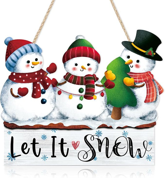 CHDITB Let It Snow Wooden Hanging Sign, Three Snowman Wood Sign, Winter Welcome Door Sign, Snowflake Snowman Vintage Wall Door Sign,Christmas Sign for Wall Door Hanger Winter Decor