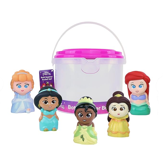 Disney Princess - 5 Piece Bath Squirter Bucket Set -Bath Toys for Baby and Toddlers - Includes Organizer Bucket - Store Bath Time Water Toys
