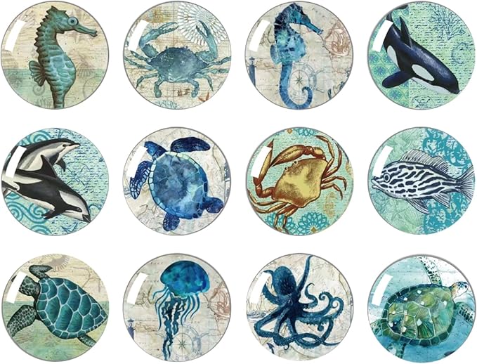 Strong Glass Refrigerator Stickers,12Pcs Magnets for Fridge,Funny Fridge Magnet Shape,Cute Small Tiny Magnet for Kitchen Whiteboard Door Decorative (Marine Animals Refrigerator Stickers)