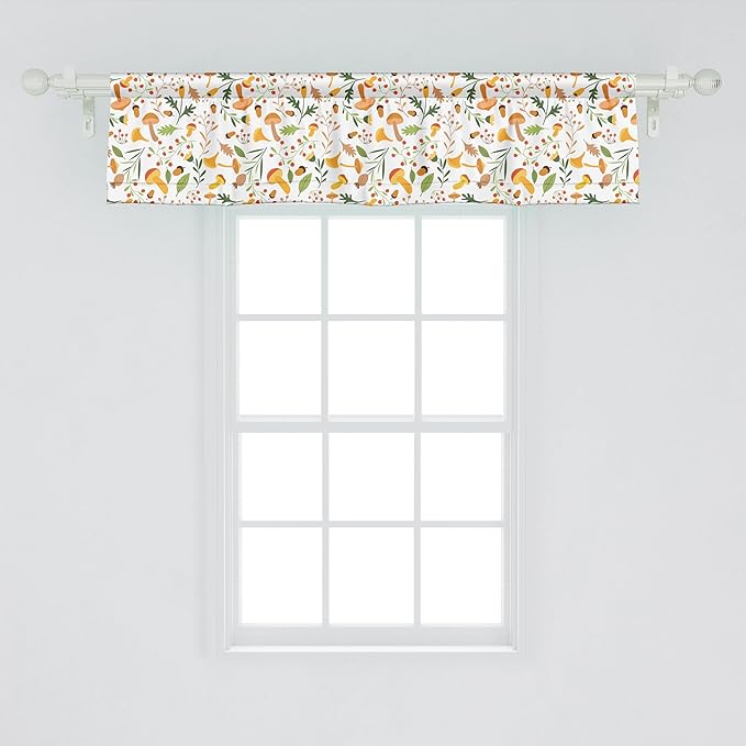 Ambesonne Acorn Window Valance, Mushroom and Holly Berries Pattern Nature Growth in The Fall Season Illustration, Curtain Valance for Kitchen Bedroom Decor with Rod Pocket, 42" x 12", Sand Brown