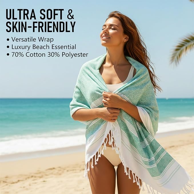 4 Pack Cotton Turkish Beach Towel Lightweight Thin Travel Vacation Essentials Oversized XL Towels Set for Pool Swim Bath Camping Cruise Accessories Must Haves Absorbent Quick Dry Sand Proof Gifts