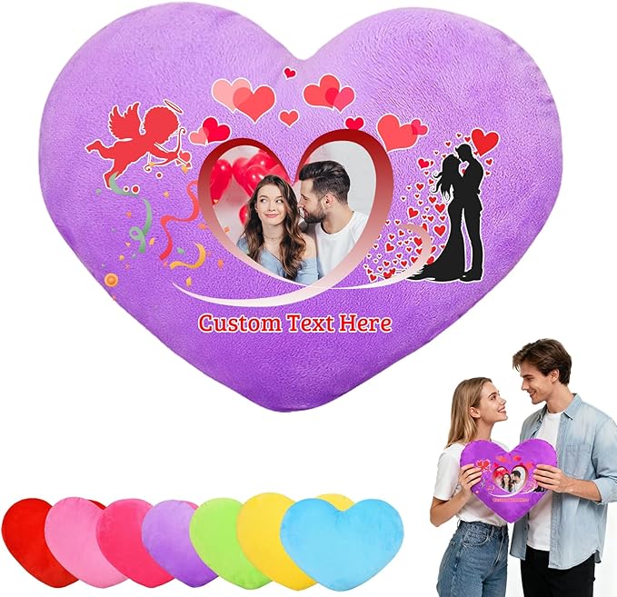 Custom Heart Pillow with Photo Name, Personalized Heart Pillows Decorative Throw Pillows as Valentine Pillow Personalized Gifts for Women Men Kids Family on Valentines Day Anniversary