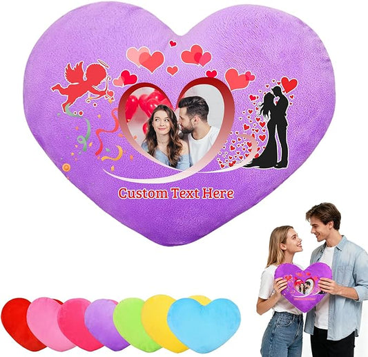 Custom Heart Pillow with Photo Name, Personalized Heart Pillows Decorative Throw Pillows as Valentine Pillow Personalized Gifts for Women Men Kids Family on Valentines Day Anniversary
