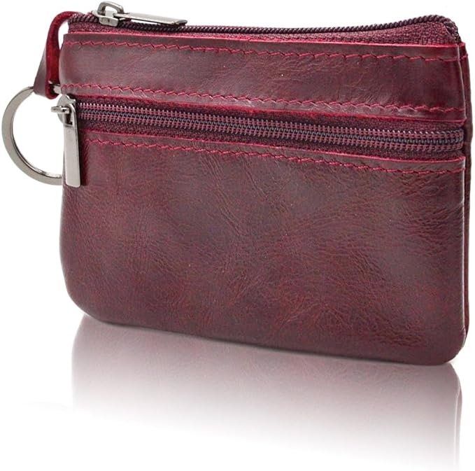 Multi-Functional Genuine Leather Wallet - Wine Red Compact Card Holder with 3 Zippers, Built-in Key Ring & Coin Purse for Travel (purple)