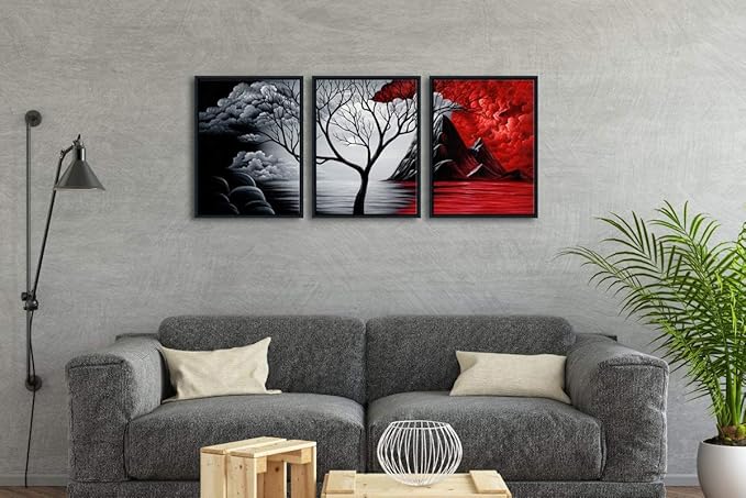 Wieco Art Framed Wall Art the Cloud Tree Wall Art HD print of Oil Paintings Landscape Canvas Prints for Home Decorations, 3 Panels with Black Frames