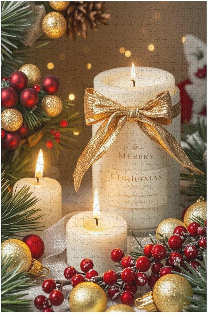 Wooden Puzzles 1000 Piece，Christmas Atmosphere Candle Light, Merry Christmas Themed Jigsaw Puzzles，Funny Puzzles，Stress Relief Games，Puzzle Games Challenge Puzzles