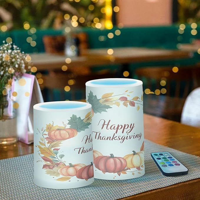 ALAZA Pumpkin Happy Thanksgiving Flickering Flameless Candles Battery Operated with Remote Timer,Tea Light Candles LED Pillar Votive Candles Set of 2 for Outdoor Indoor Decorations