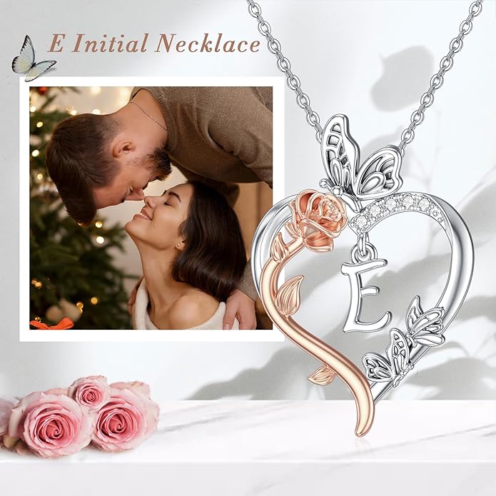 TOUPOP Rose Heart Necklaces Gifts for Women 925 Sterling Silver Butterfly Heart Initial Necklace Anniversary Valentines Day Birthday Jewelry Gifts for Mom Her Wife Girlfriend Daughter