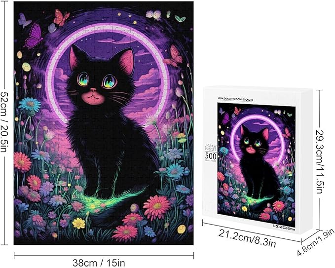 Jigsaw Puzzles for Adults 500 Piece - Black Cat Under The Moon Themed Wooden Puzzles，Educational Games，Family Puzzles，Unique Gifts for Wall Art ，Funny Puzzles，Stress Relief Games，Puzzle Games