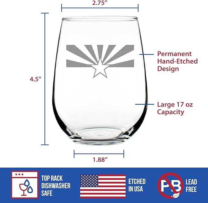 Custom Arizona Flag - Personalized Stemless Wine Glass - State Themed Drinking Decor and Gifts for Arizonans - Large 17 Ounce - Customized Wine Glass Gift