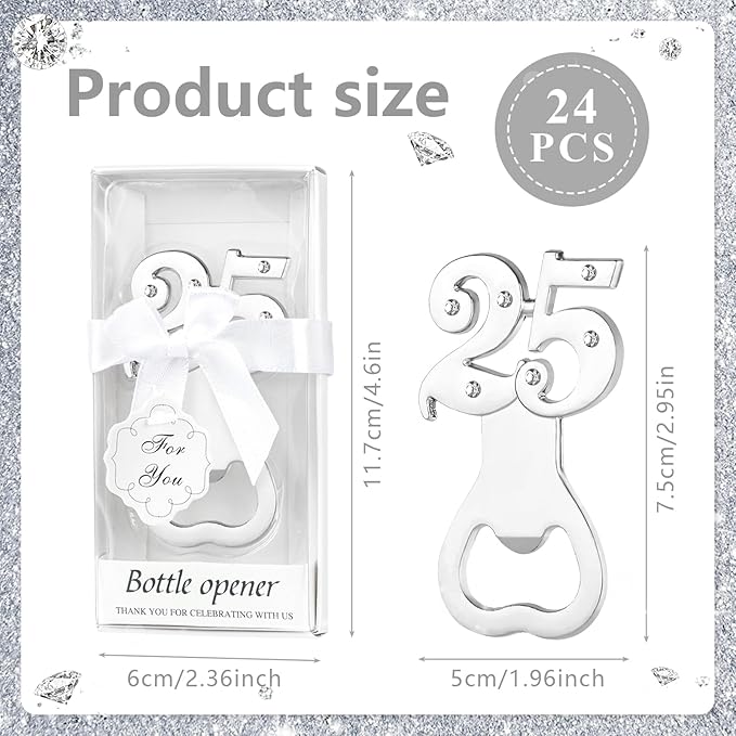 24PCS 25th Birthday Party Favors for Guests 25 Silver Wedding Anniversary Beer Bottle Openers Gifts, 25th Return Gifts Party Decor Souvenirs for Guests for Bridal Shower Favors
