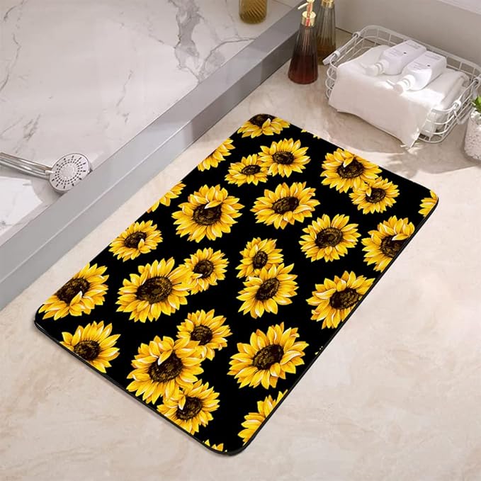 Yellow Sunflower Bathroom Mat, Non-Slip Super Absorption Bath Carpet with Rubber Backing, Fit Under Bathroom Doormat Floor Rugs for Shower Buthtub Sink, 17"x24"