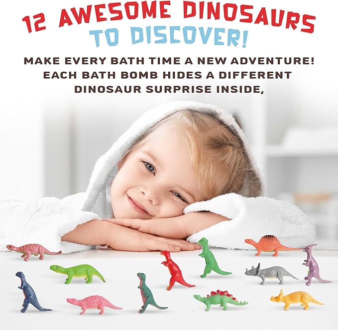 All Natural Bath Bombs for Kids with Surprise Toys Inside- 12 Pack Organic Dinosaur Bath Bombs with Toys Inside - Dino Bath Bomb for Kids