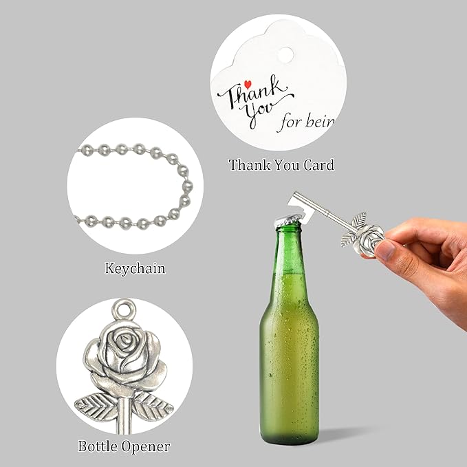 Aokbean Bulk 100 PCS Rose Flower Shaped Keys Wedding Favors Gift for Guest Bulk Skeleton Key Bottle Opener with Card and Chain for Rustic Party Bridal Showers Decorations (Silver)