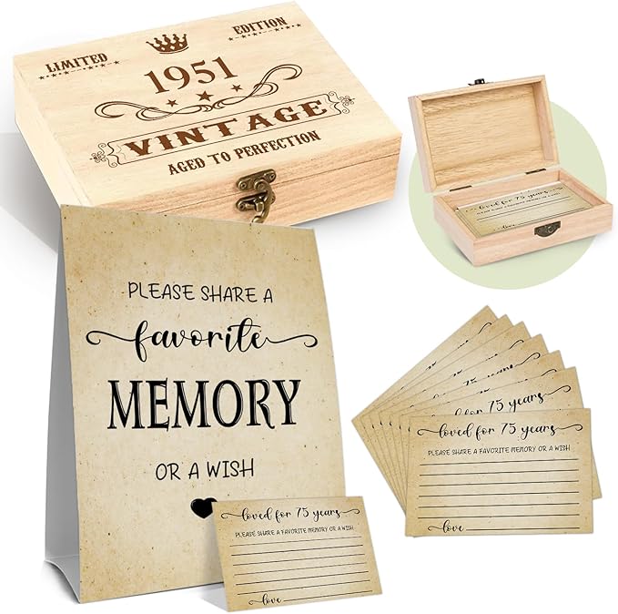 75th Birthday Party Share a Memory Set, 1951 Birthday Gifts for Women Men, 1951 Wooden Share A Memory Box with Memory Sign and 50 Pcs Memory Cards, 1951 Birthday Gifts, 75th Birthday Party Decorations