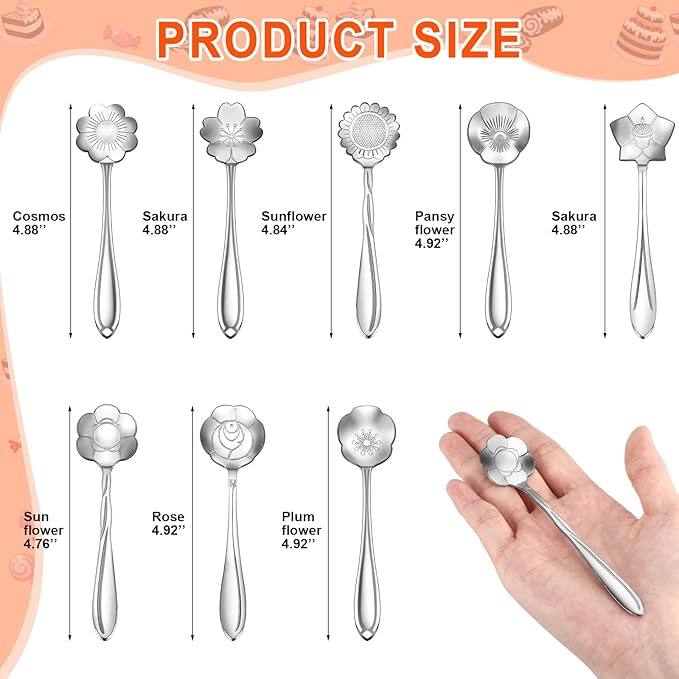 Eboot 40 Pcs Silver Flower Teaspoon Stainless Steel Tea Party Spoons Mini Cute Teaspoon for Stirring Coffee Sugar Drink Demitasse Kitchen Bar Tableware Party Favors Decorations