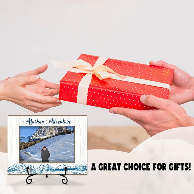 Lesixur Alaska Adventure 4x6 Photo Frame, Wooden Picture Frame with Iron Stand, Honeymoon Vacation Gifts for Friends Family Couples, Alaska Souvenirs Office Home Desk Decor Tabletop Display -049
