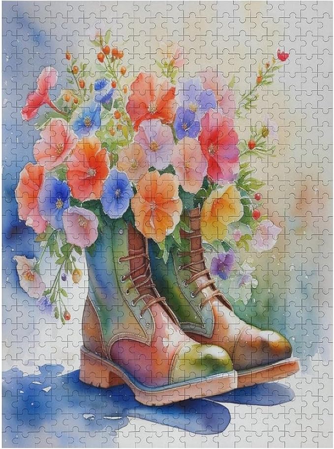 Boot Flowers Wooden Puzzle 500 Pieces Jigsaw Puzzles for Adults Puzzle Educational Toys Challenging Fun Games Gifts for Elders Kids Family and Friends
