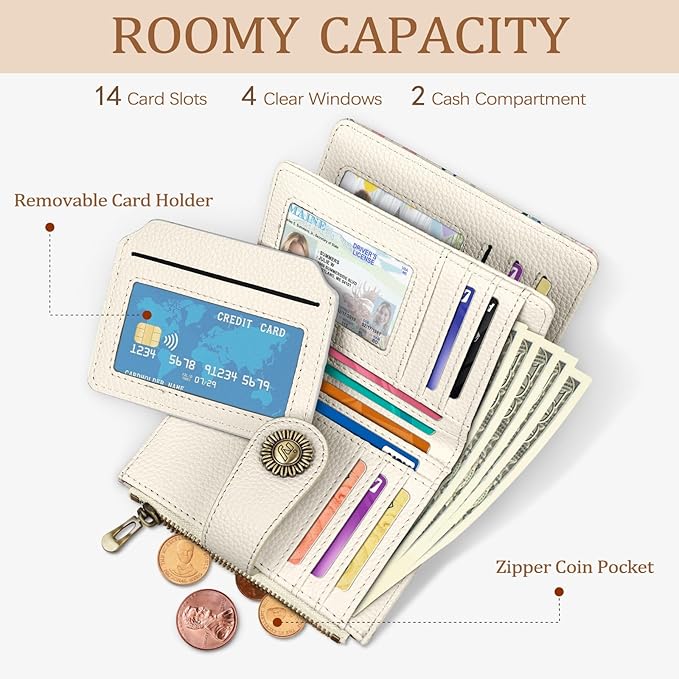 Possum Wallet Women Small RFID Blocking Bifold, Credit Card Holder, Zipper Coin Pocket, Funny Opossum, Cute, PU Leather, Compact, Travel, 14 Card Slots, Cash Purse, Ladies Woman Female Girls