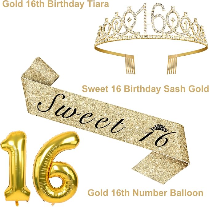 16th Birthday Decorations for Girls Gold with Sweet 16 Sash and Tiara, Cake Topper and Candles, Number Balloons, Sweet 16 Party Decoration Gifts
