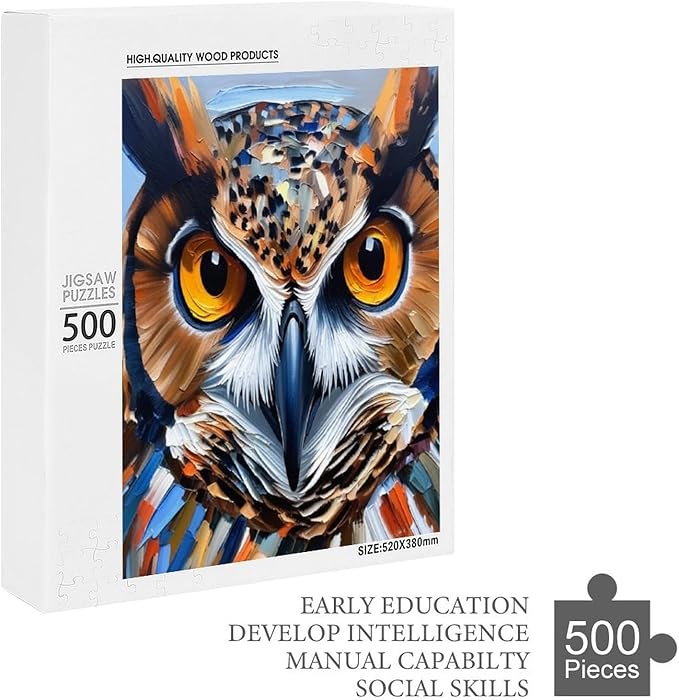 Owl Oil Painting Wooden Puzzle 500 Pieces Jigsaw Puzzles for Adults Puzzle Educational Toys Challenging Fun Games Gifts for Elders Kids Family and Friends