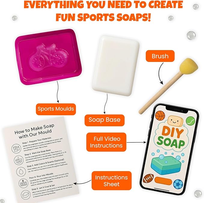 Soap Making Kit for Kids – DIY Soap Making Kit with Sports Shaped Soap Moulds (Basketball, Football, Soccer & Bicycle) Soap Making Supplies that Promote Hygiene DIY Kits for Kids Mobile App Included