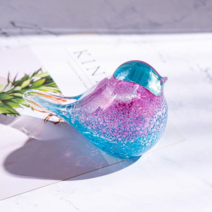 5.5" Hand Blown Glass Blue Bird Figurine Glass Pink and Blue Birds of Happiness Statue Crystal Animal Sculpture Decorative Ornaments for Home Decoration,Birthday Present,Women Gift for Christmas