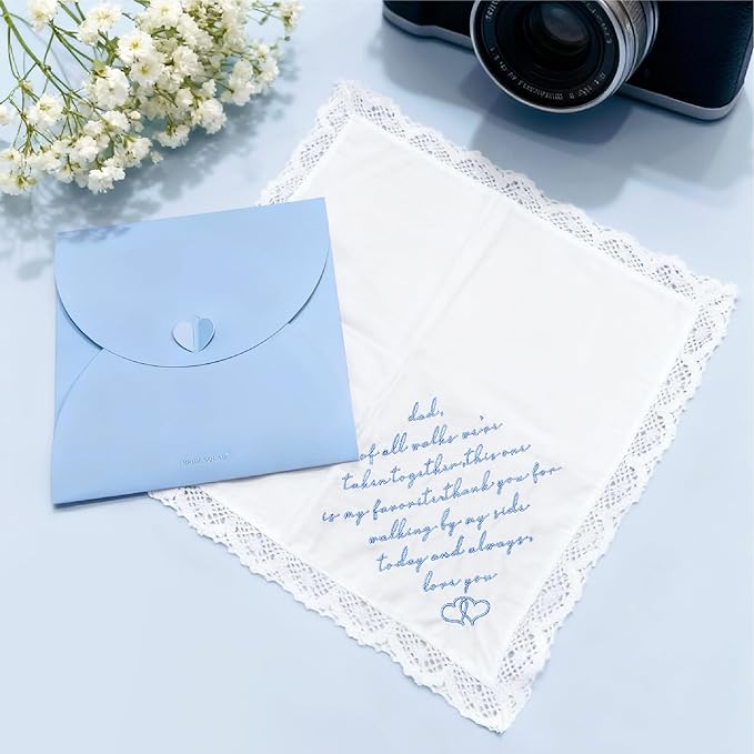 LADY&HOME Something Blue Embroidered Wedding Handkerchief - Mom,Dad,Daughter,Lace Bridal Hankies Wedding Gifts