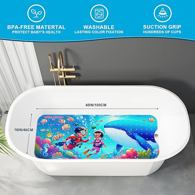 XIYUNTE Baby Bath Mat for Tub Non Slip Kids Bath Mat - 40''x16'' Extra Long Cartoon Whale Baby Bath Tub Mat Eco-Friendly Toddler Bath Mats with Suction Cups & Drain Holes Easy to Clean & Easy Drying
