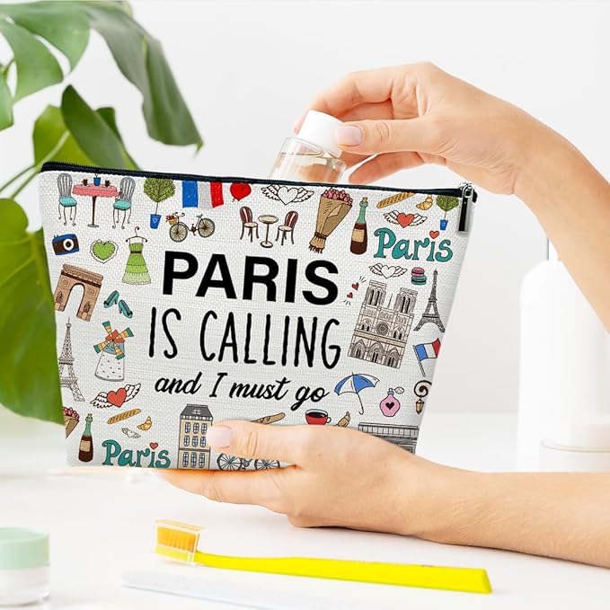 Funny Paris Travel Makeup Bag, City Themed Trip Gifts Favors, Trip Lover Gifts For Women Her, Travel Cosmetic Bag For Holiday Vacation, Paris Is Calling And I Must Go