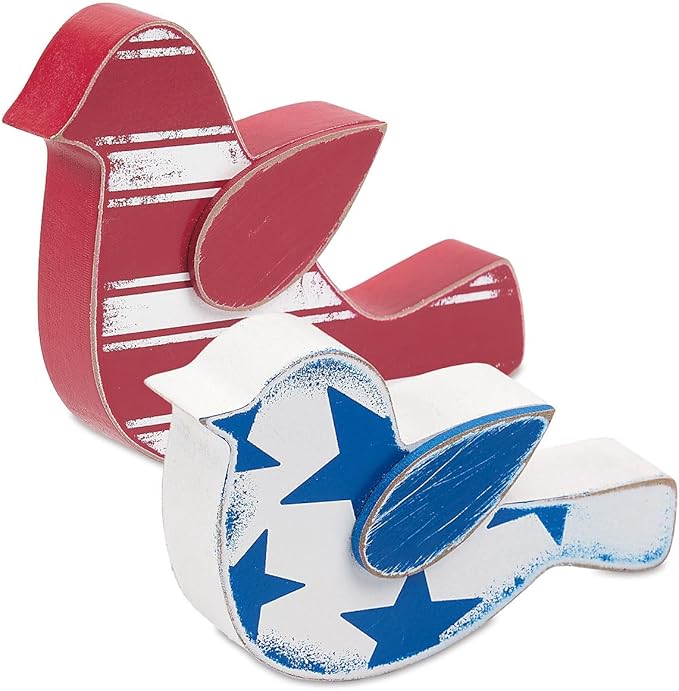 Lillian Vernon Wooden Patriotic Birds Deco - Seasonal, 4th of July Décor, Red, White and Blue, 3 3/4 x 2 1/4”