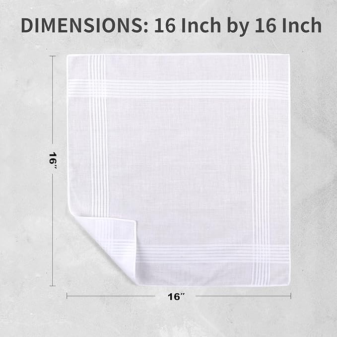 12 Pack Handkerchiefs for men, 100% Soft Cotton 16x16 Inch Men's Handkerchiefs, White Classic Pocket Hankies